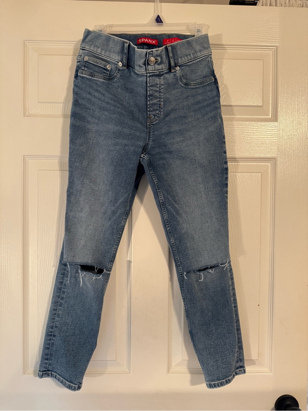 SPANX Medium Blue Distressed Cropped Ankle Jeans